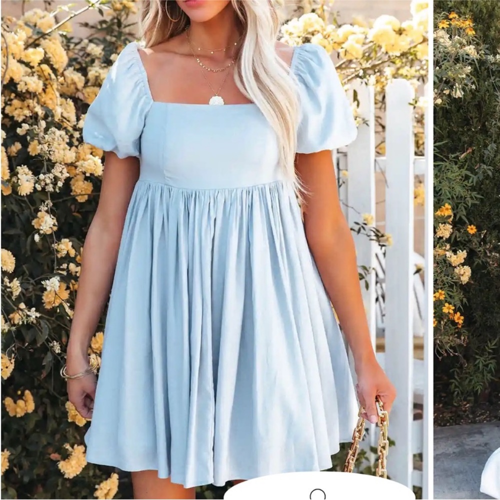 Vici Leroy Linen Blend Puff Sleeve Babydoll Dress - Light Blue